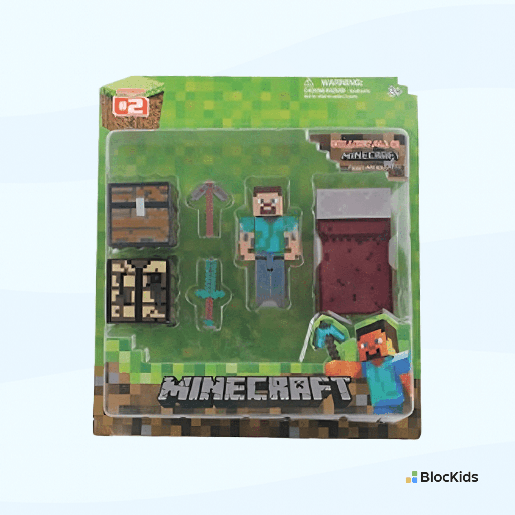 דמות מיינקראפט סטיב, מיטה, חרב ובלוקים - BlocKids