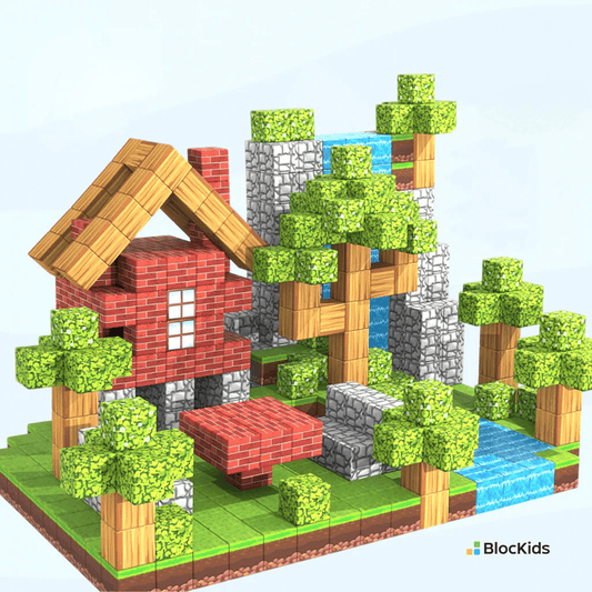 סט מגנטים להרכבה - כפר המפלים, בית בטבע עם עצים ומים זורמים - BlocKids